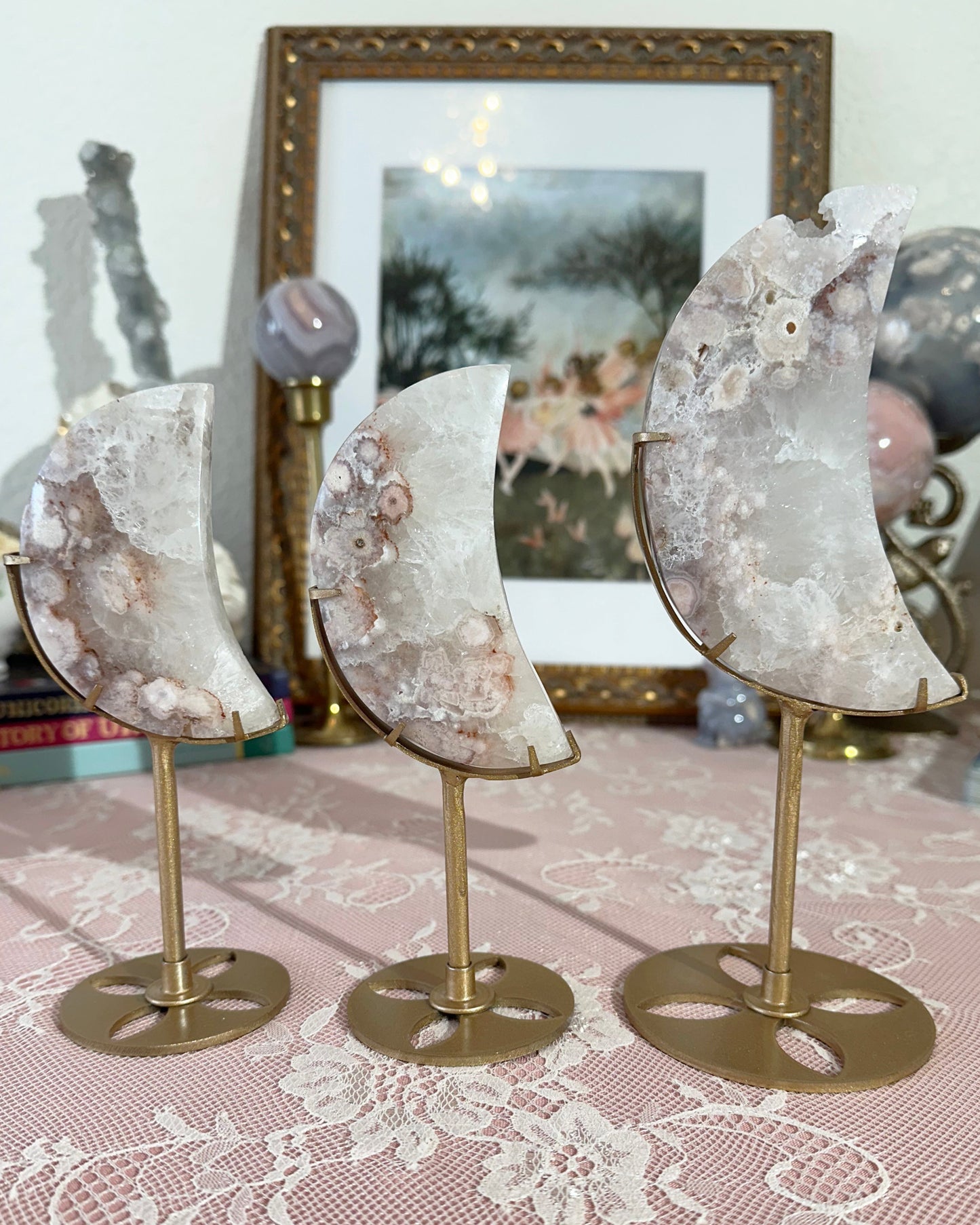 Pink Amethyst Flower Agate Crescent Moon on Stand – Self‑Love & Calming Energy | Choose Your Piece