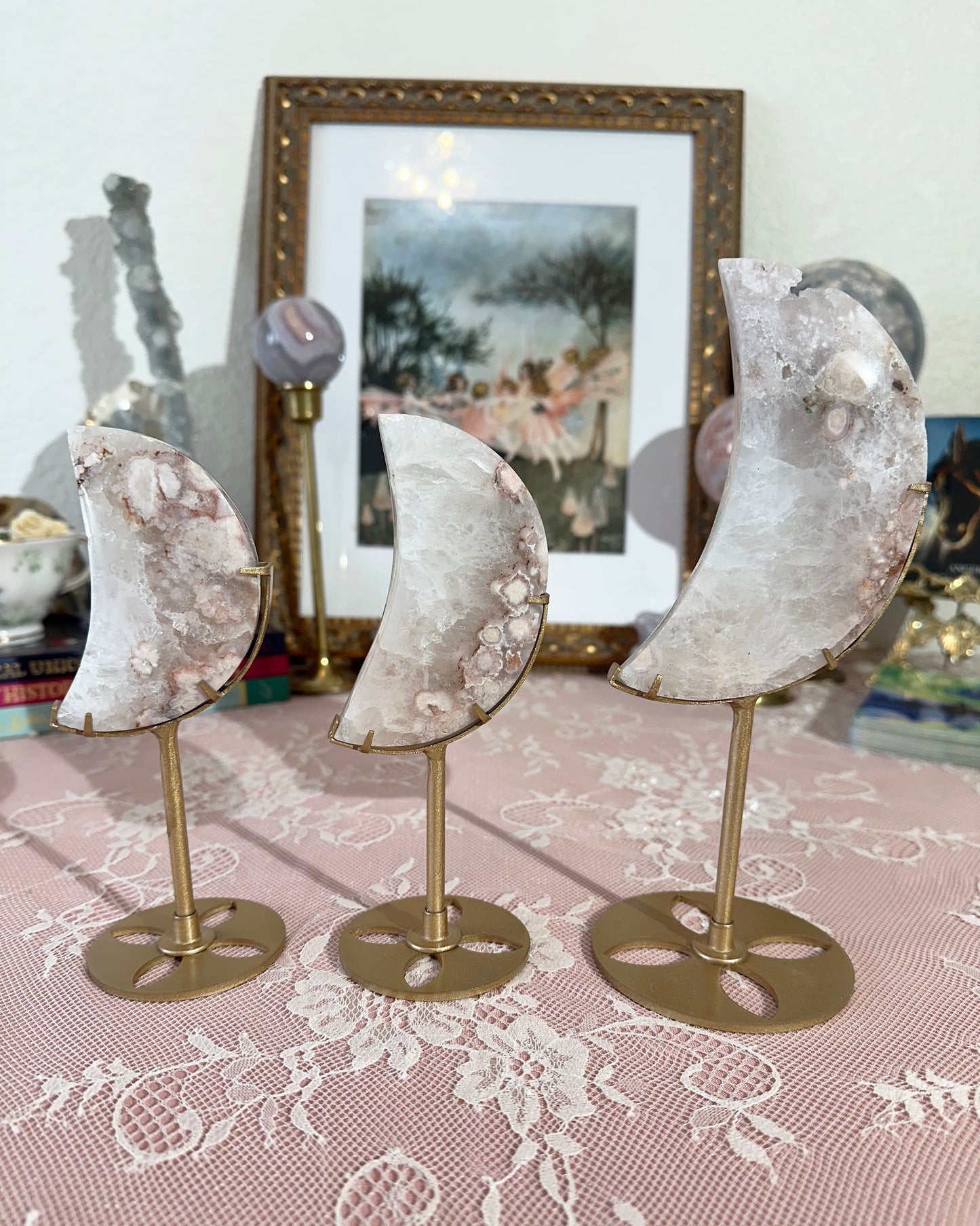 Pink Amethyst Flower Agate Crescent Moon on Stand – Self‑Love & Calming Energy | Choose Your Piece