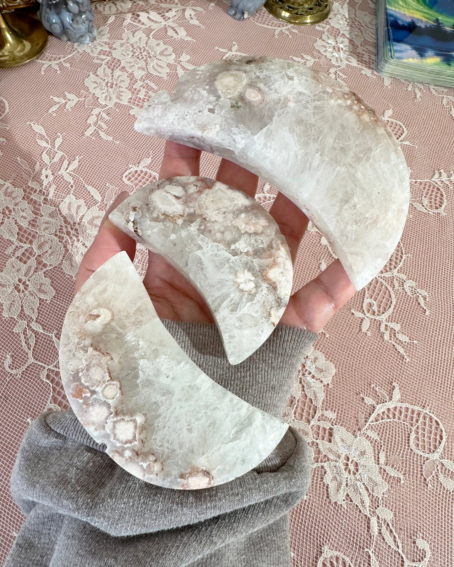 Pink Amethyst Flower Agate Crescent Moon on Stand – Self‑Love & Calming Energy | Choose Your Piece