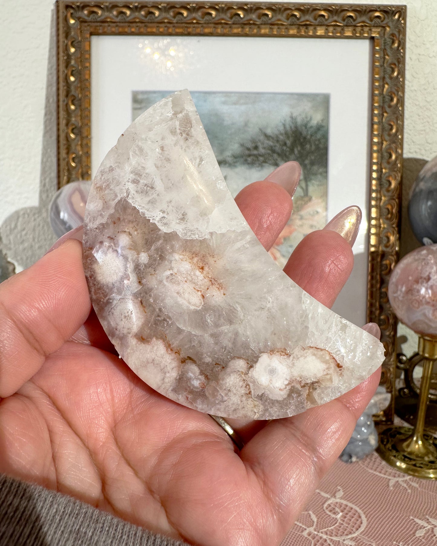 Pink Amethyst Flower Agate Crescent Moon on Stand – Self‑Love & Calming Energy | Choose Your Piece
