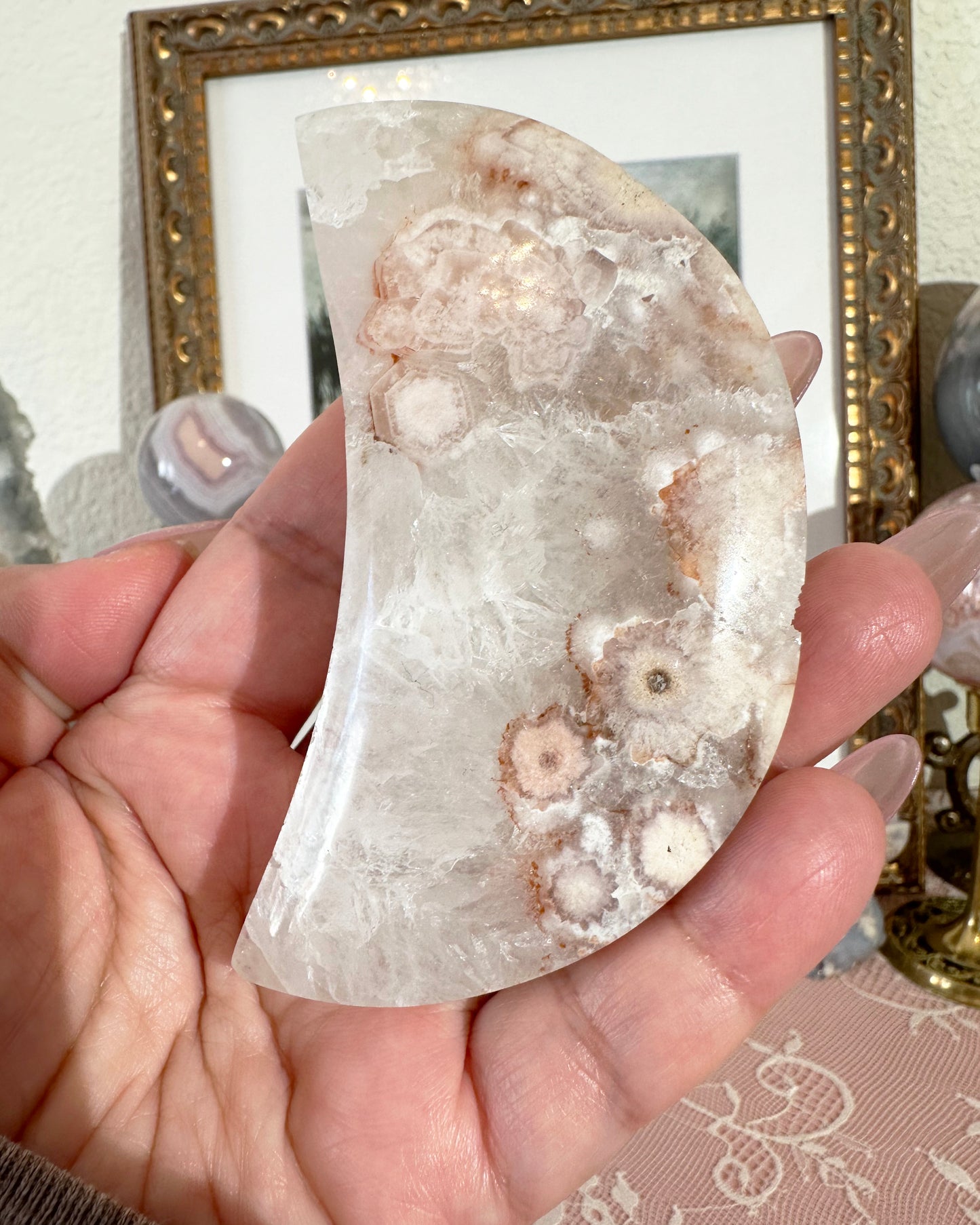Pink Amethyst Flower Agate Crescent Moon on Stand – Self‑Love & Calming Energy | Choose Your Piece