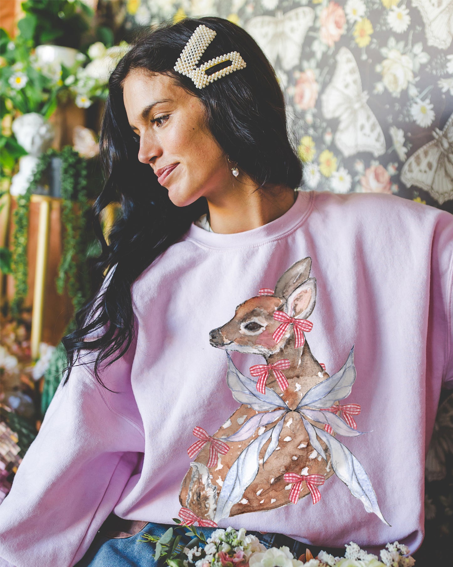 Gingham Fawn Fairy Fairycore Sweatshirt - Winged Deer Soft Pullover (Unisex)