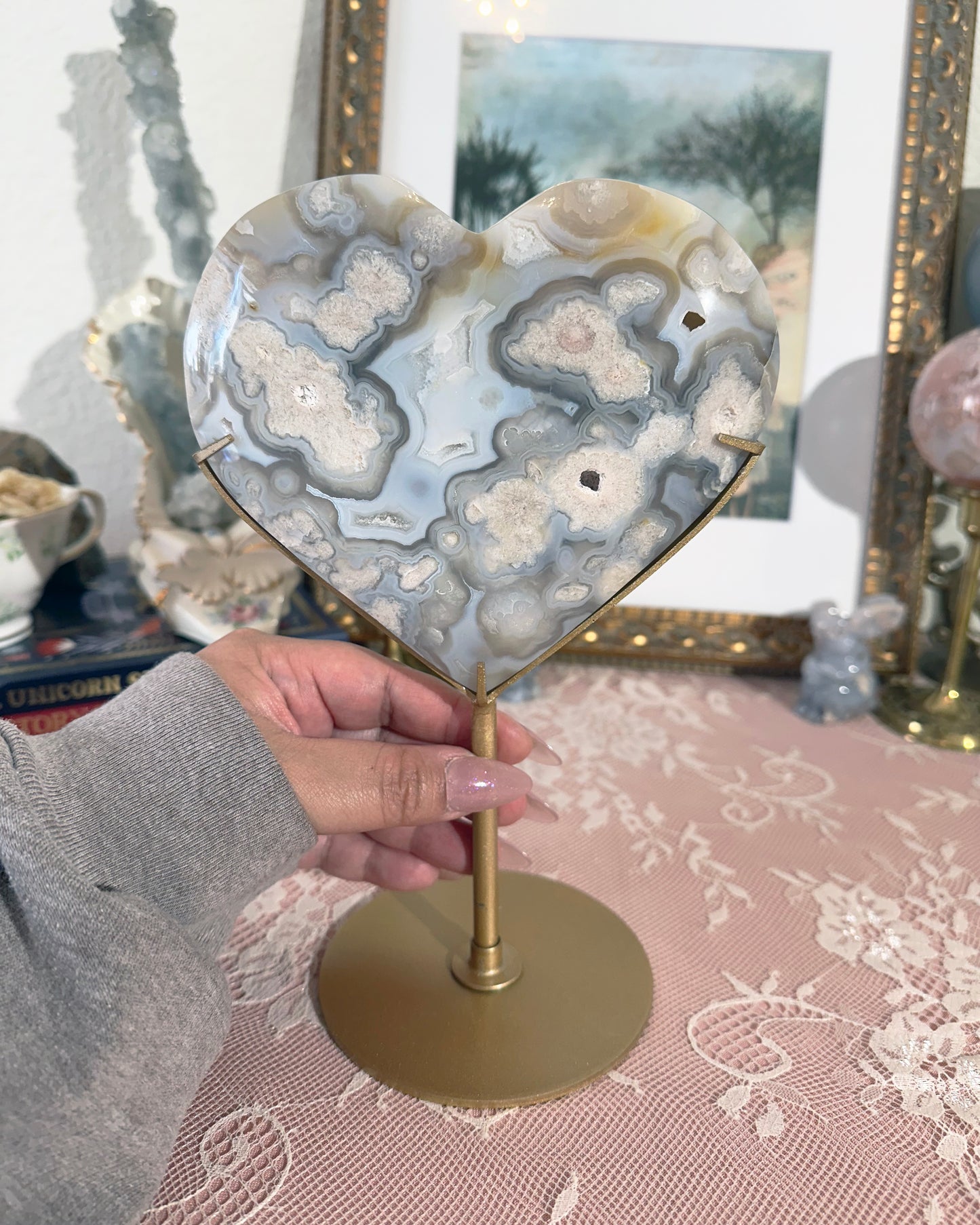 Blue Flower Agate XL Heart Crystal on Gold Stand – Large Polished  Display, Self‑Love Stone