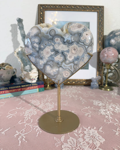Blue Flower Agate XL Heart Crystal on Gold Stand – Large Polished  Display, Self‑Love Stone