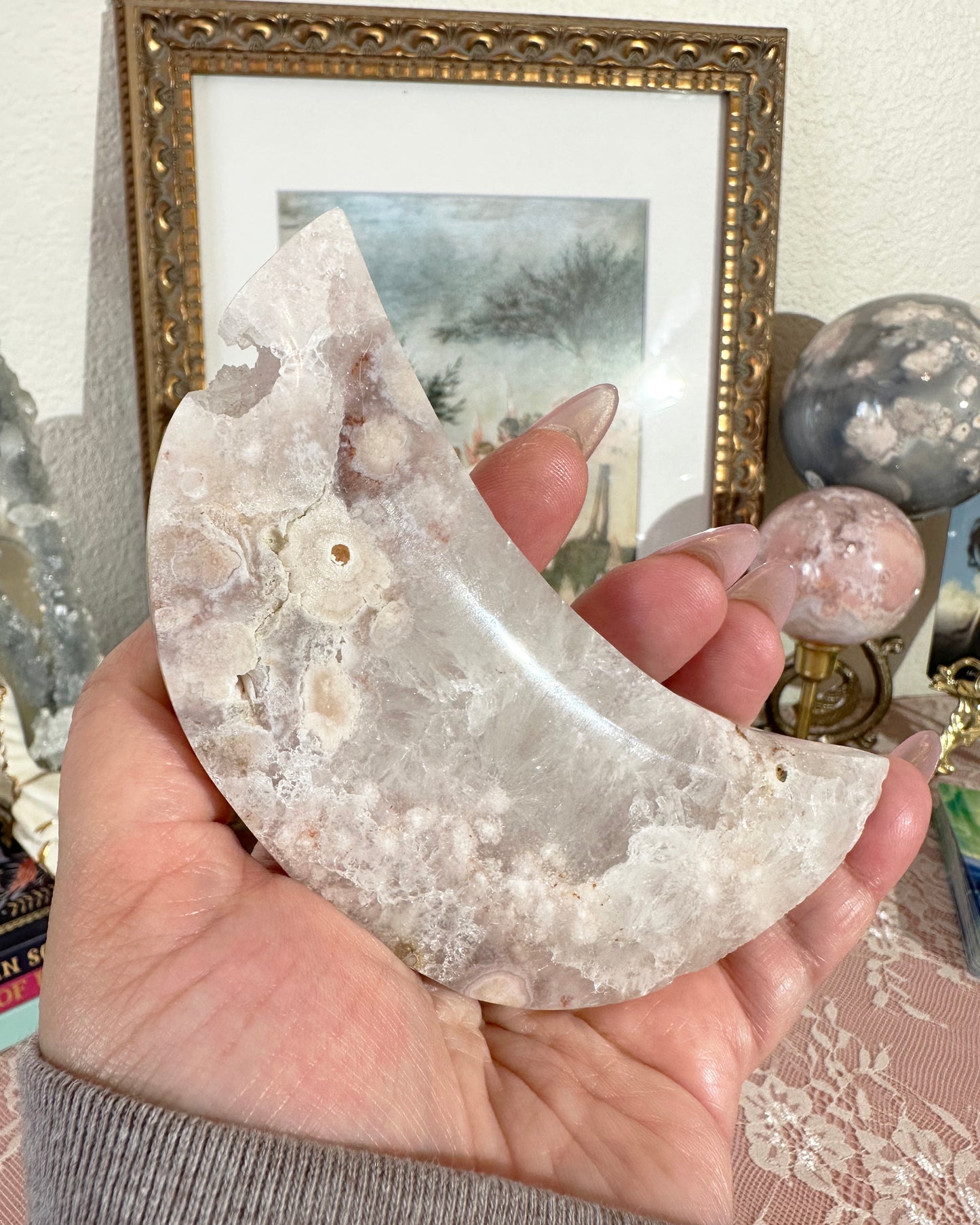 Pink Amethyst Flower Agate Crescent Moon on Stand – Self‑Love & Calming Energy | Choose Your Piece