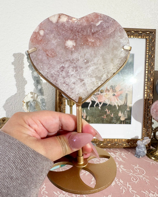 Small Pink Amethyst Heart Crystal on Gold Stand –  Love Crystal Decor, Self‑Worth | 1 Piece