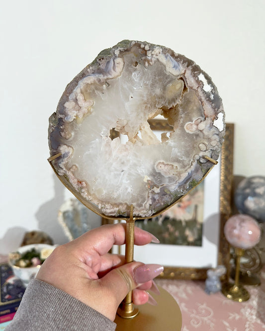 Flower Agate Round Slab Crystal on Gold Stand – Agate Slice Display Decor, Heart Chakra Stone