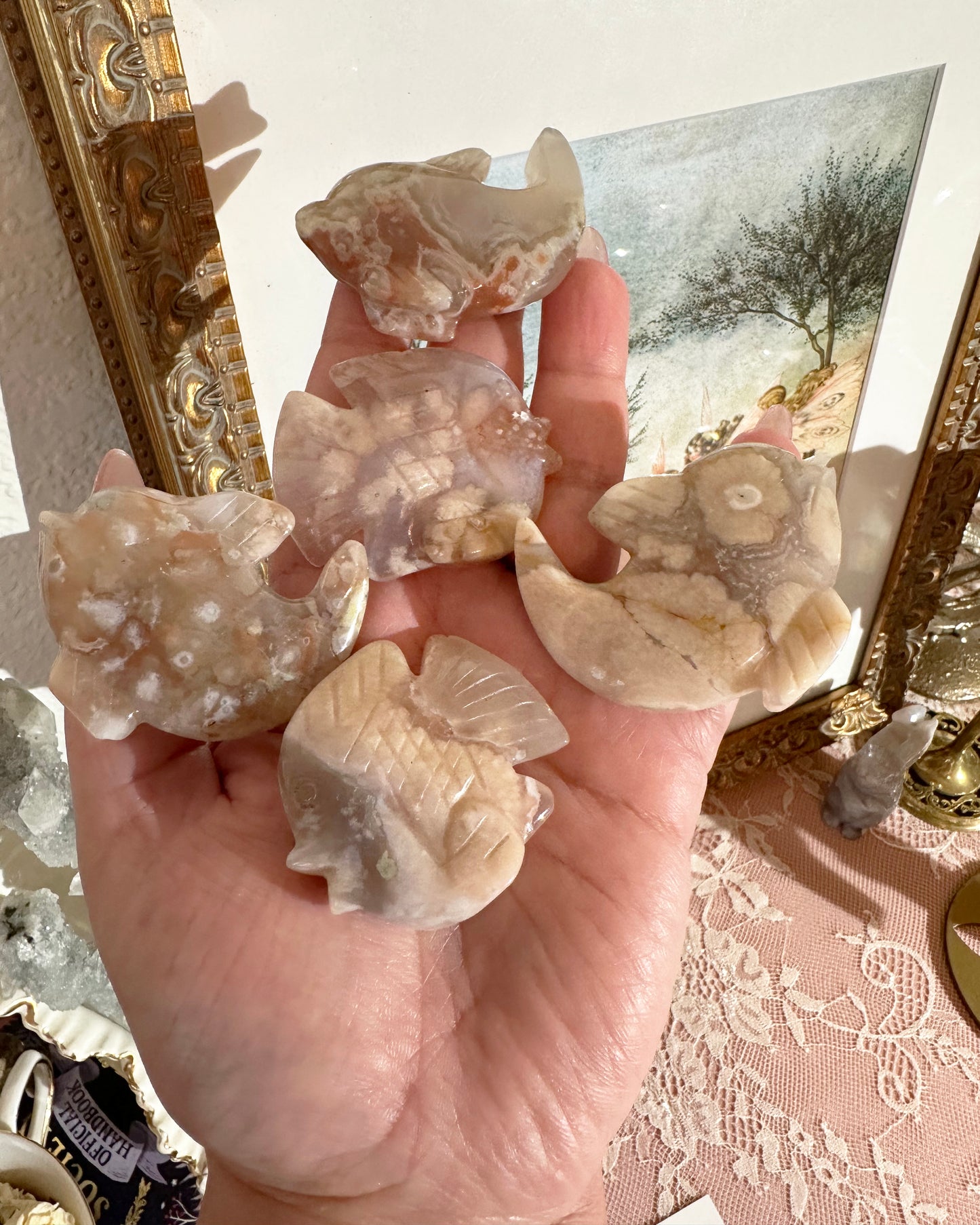 Flower Agate Fish Carving – Discus or Dolphin, Flow & Creativity | Choose Style - 1 Piece