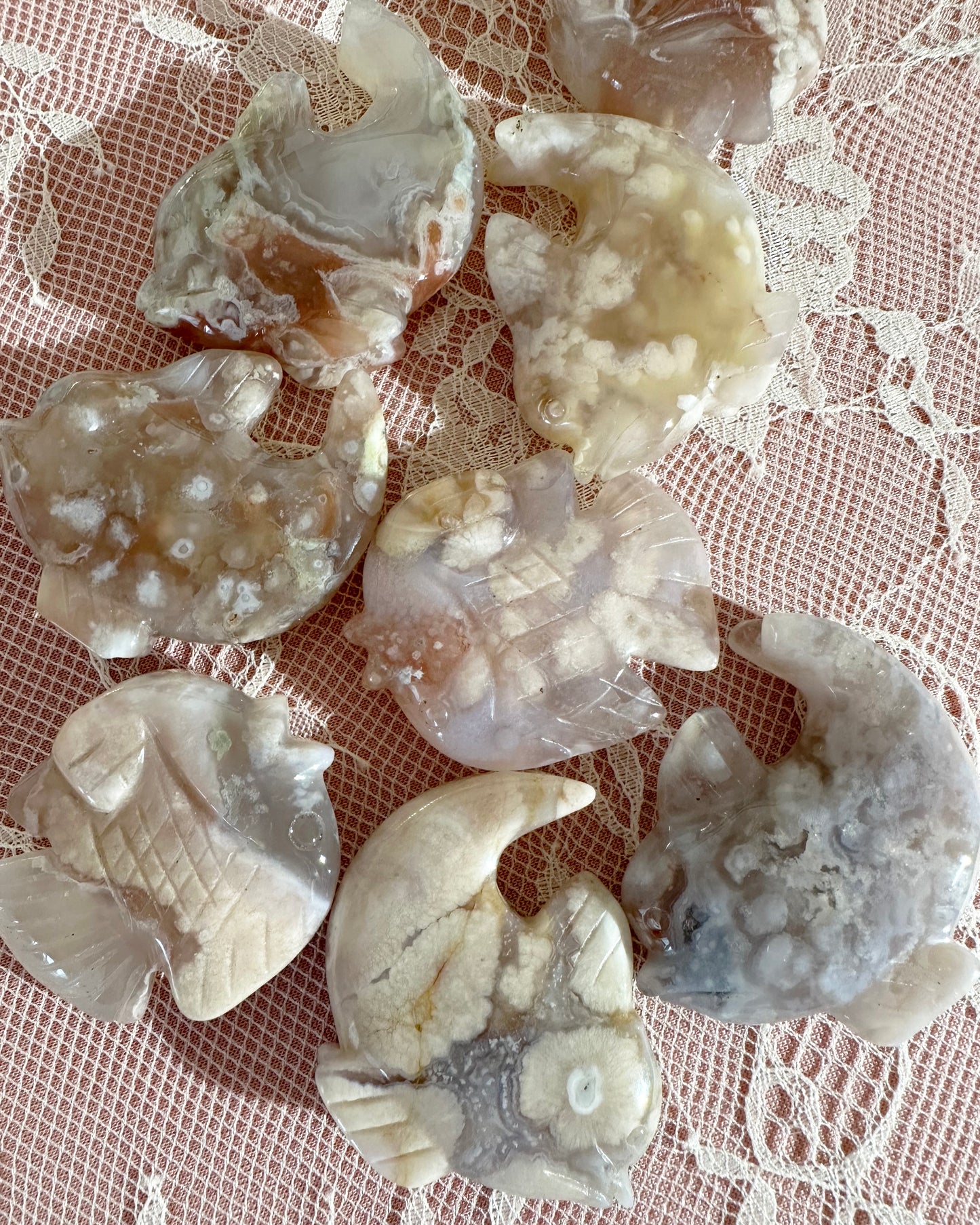 Flower Agate Fish Carving – Discus or Dolphin, Flow & Creativity | Choose Style - 1 Piece