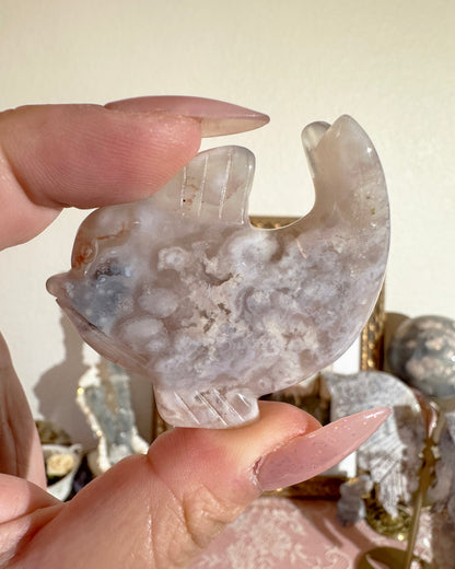 Flower Agate Fish Carving – Discus or Dolphin, Flow & Creativity | Choose Style - 1 Piece