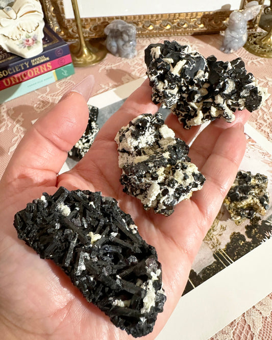 Black Tourmaline Specimen – Raw Crystal Specimen (some UV reactive), Protection Crystal | 1 Piece