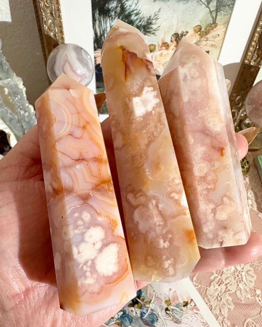 Carnelian Flower Agate Tower Crystal – Polished Point, Heart Chakra Healing Stone | Choose Your Piece