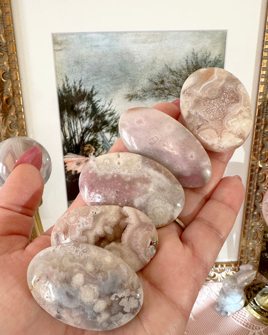 Small Flower Agate Pink Amethyst Palm Stones - Joy and Self Love - Choose Your Piece