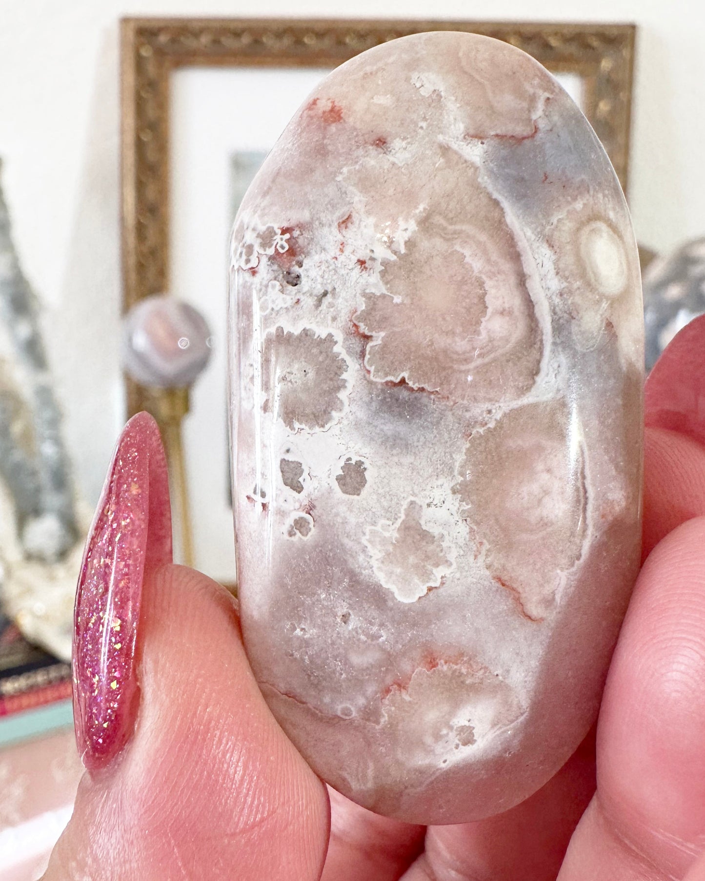 Small Flower Agate Pink Amethyst Palm Stones - Joy and Self Love - Choose Your Piece