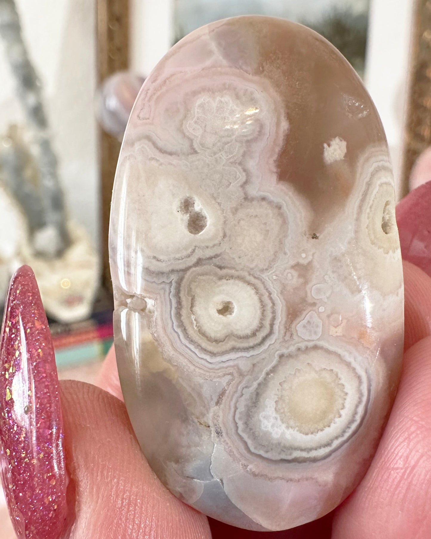 Small Flower Agate Pink Amethyst Palm Stones - Joy and Self Love - Choose Your Piece