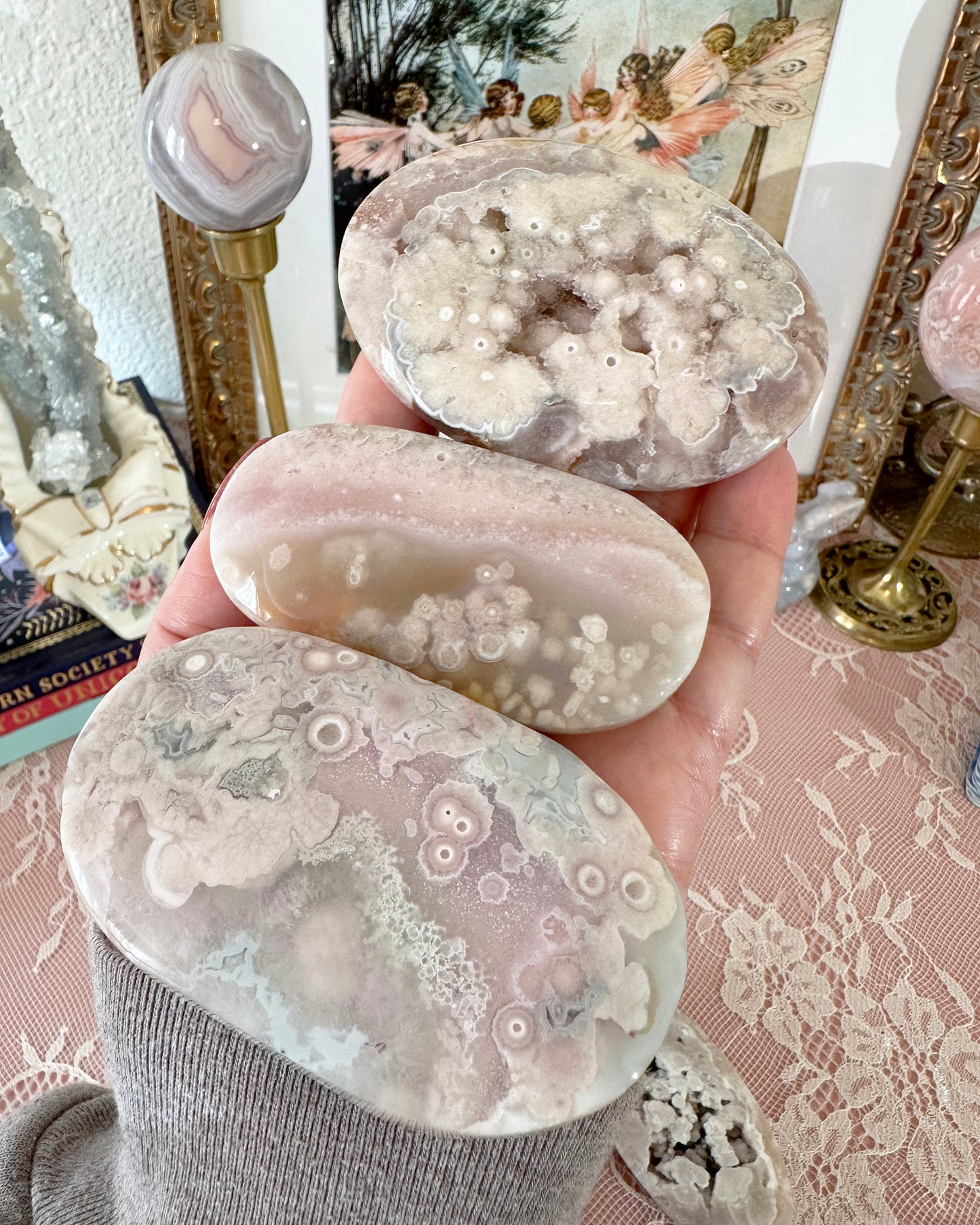 Large Flower Agate Pink Amethyst Palm Stones - Joy and Self Love - Choose Your Piece