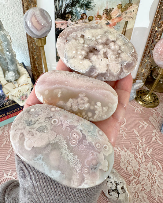 Large Flower Agate Pink Amethyst Palm Stones - Joy and Self Love - Choose Your Piece