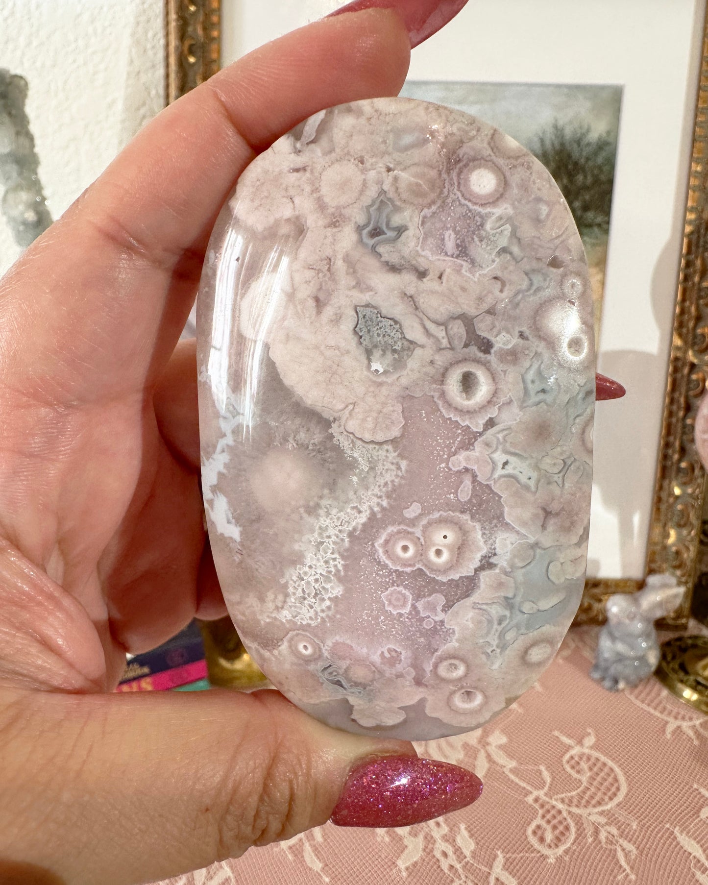 Large Flower Agate Pink Amethyst Palm Stones - Joy and Self Love - Choose Your Piece