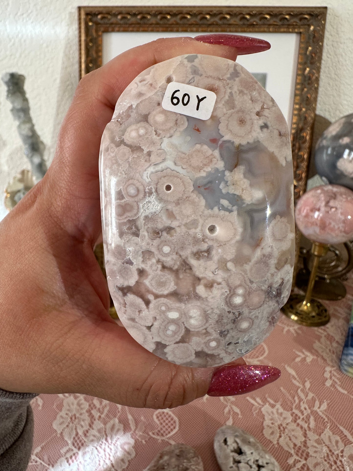Large Flower Agate Pink Amethyst Palm Stones - Joy and Self Love - Choose Your Piece