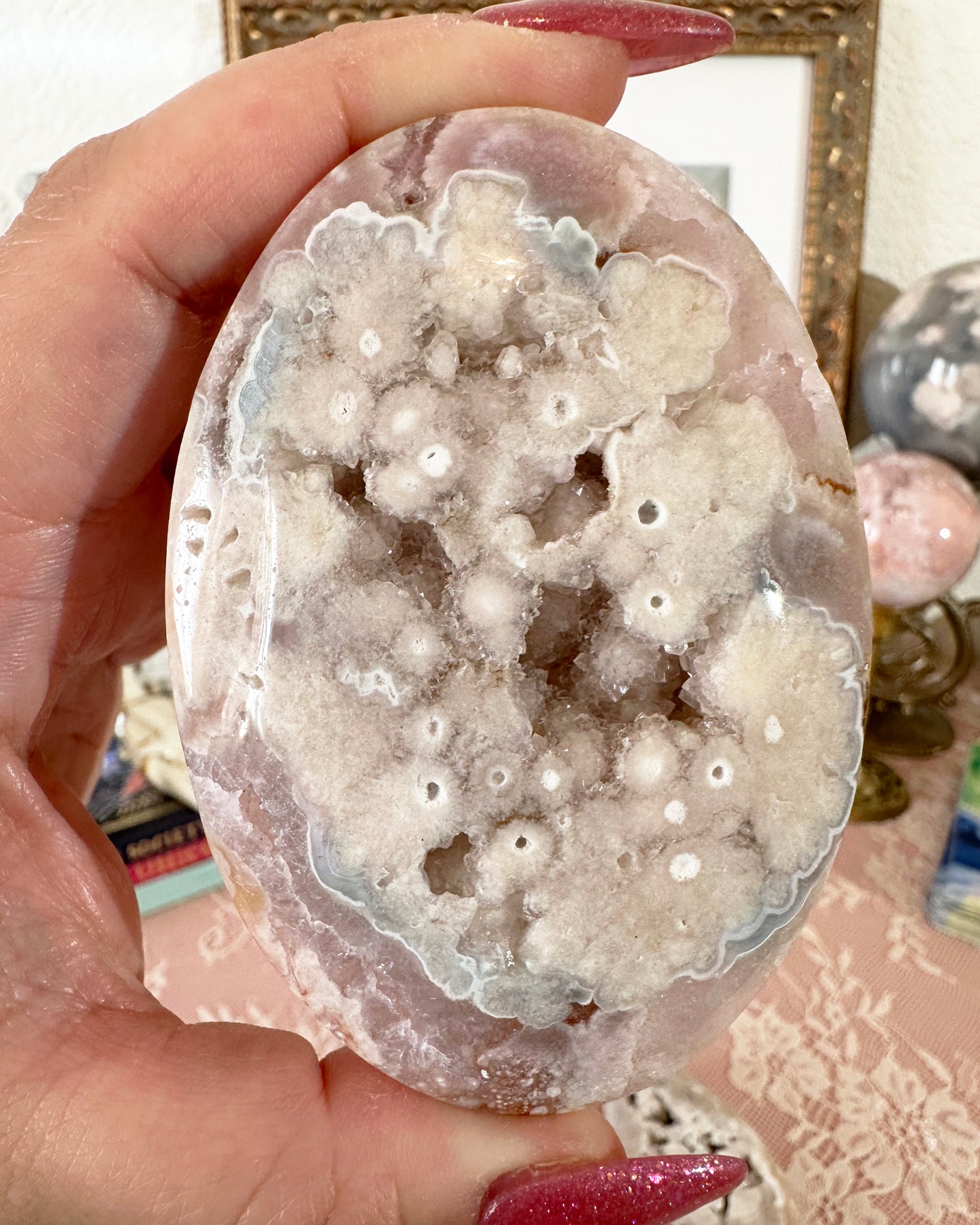 Large Flower Agate Pink Amethyst Palm Stones - Joy and Self Love - Choose Your Piece