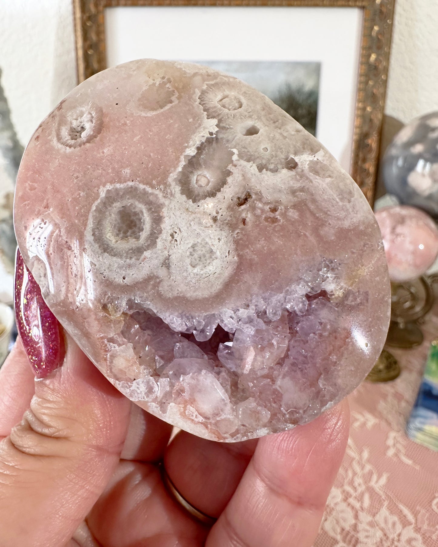 Large Flower Agate Pink Amethyst Palm Stones - Joy and Self Love - Choose Your Piece
