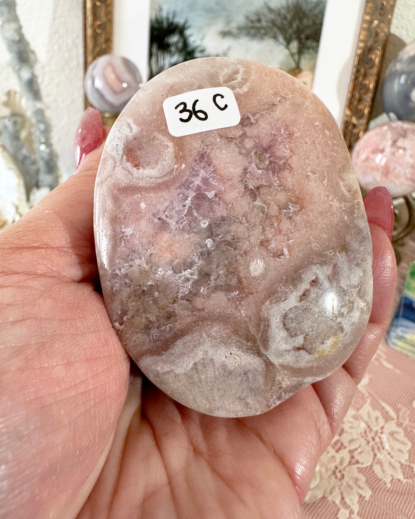 Large Flower Agate Pink Amethyst Palm Stones - Joy and Self Love - Choose Your Piece