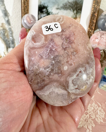 Large Flower Agate Pink Amethyst Palm Stones - Joy and Self Love - Choose Your Piece