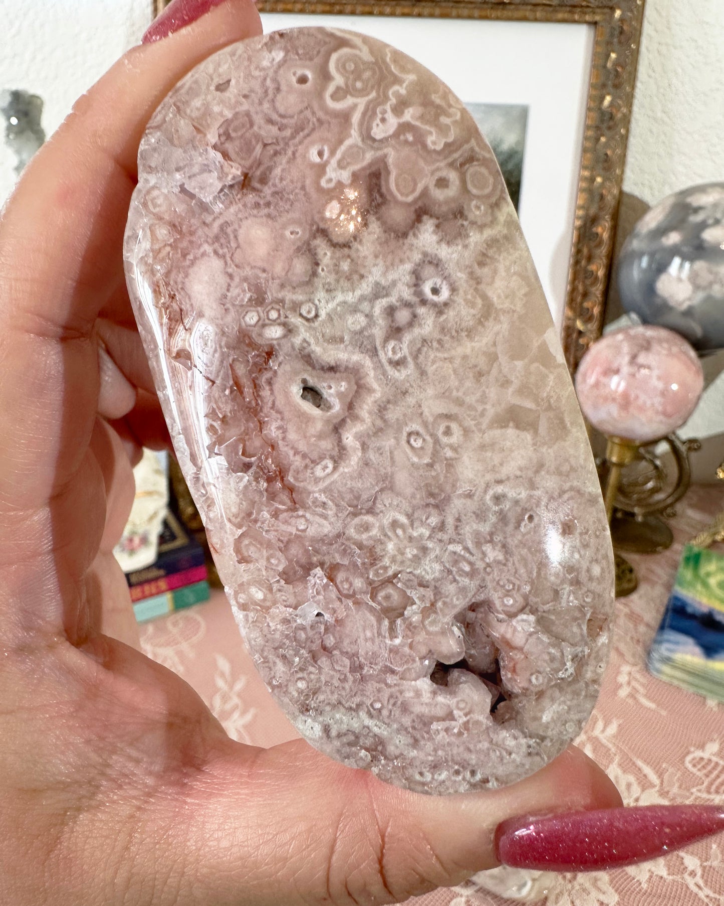 Large Flower Agate Pink Amethyst Palm Stones - Joy and Self Love - Choose Your Piece
