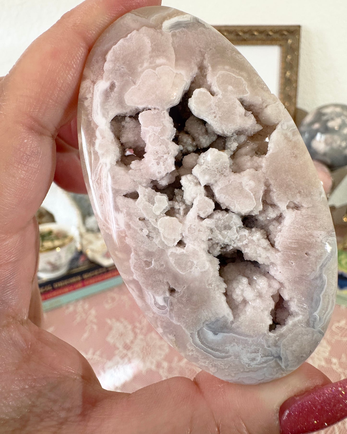 Large Flower Agate Pink Amethyst Palm Stones - Joy and Self Love - Choose Your Piece
