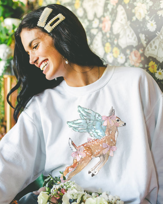 Pink Angel Fawn Cottagecore Sweatshirt - Winged Deer Soft Pullover (Unisex)